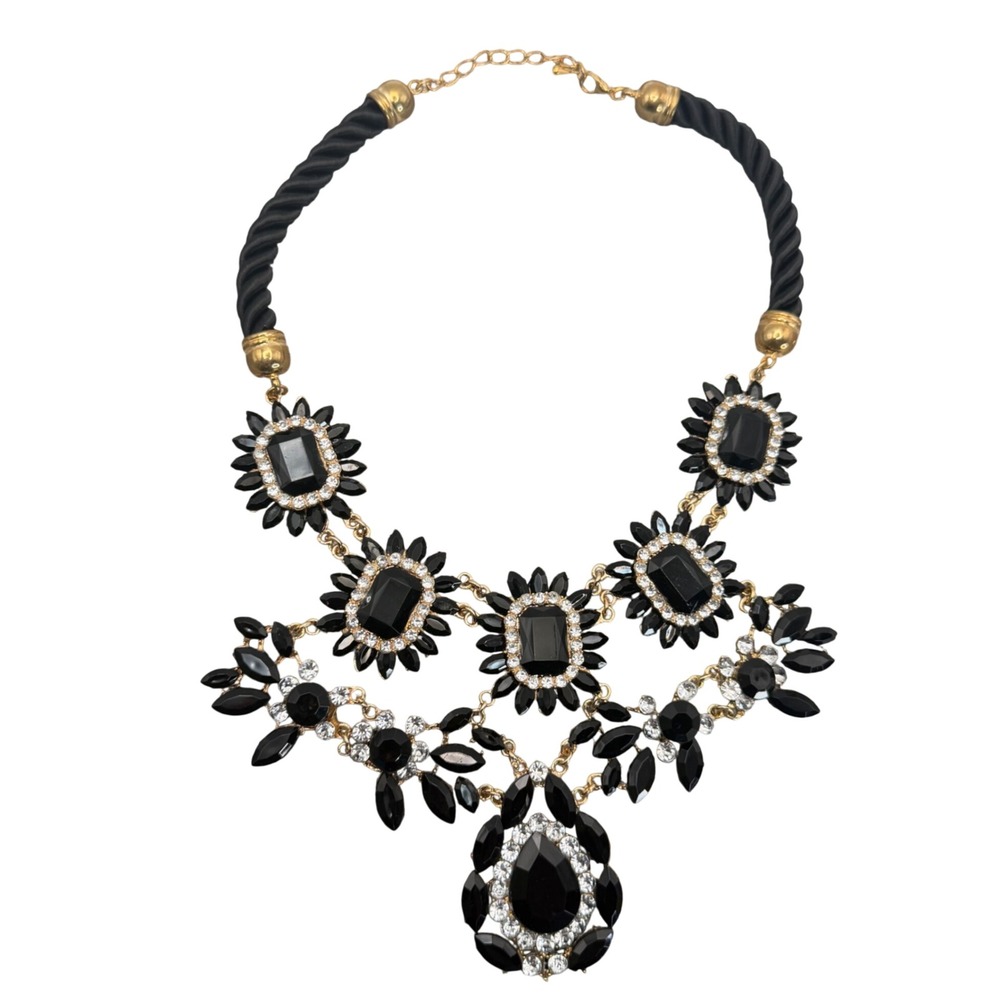 Black Gold Statement Bib Necklace Crystal Teardrop Pendant Twisted Cord Gala